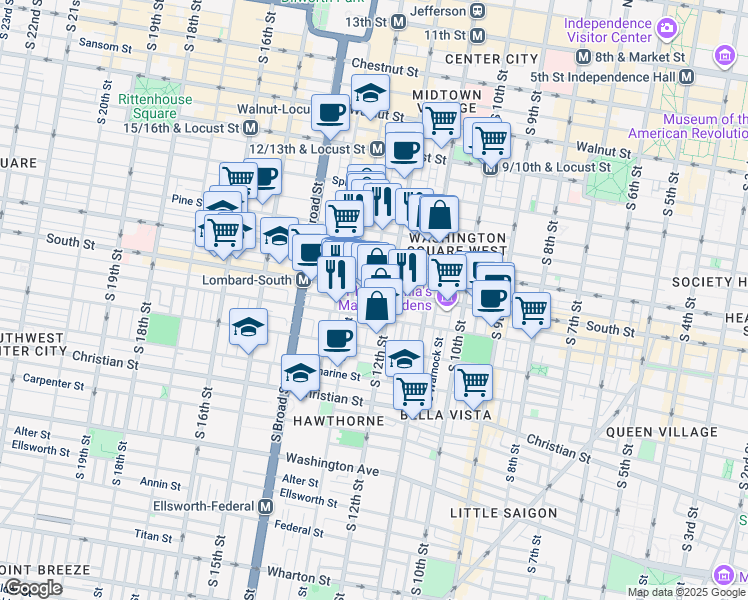 map of restaurants, bars, coffee shops, grocery stores, and more near 1221 Kater Street in Philadelphia