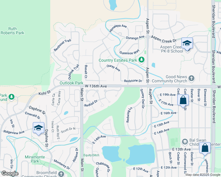 map of restaurants, bars, coffee shops, grocery stores, and more near 13610 Fall Creek Circle in Broomfield