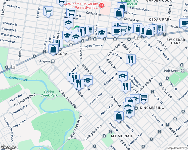 map of restaurants, bars, coffee shops, grocery stores, and more near 1221 South 56th Street in Philadelphia