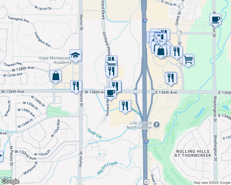 map of restaurants, bars, coffee shops, grocery stores, and more near 270 West 136th Avenue in Westminster
