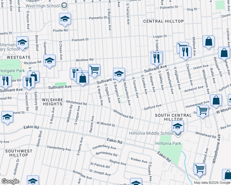 map of restaurants, bars, coffee shops, grocery stores, and more near 563 South Burgess Avenue in Columbus