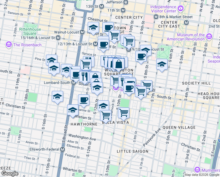 map of restaurants, bars, coffee shops, grocery stores, and more near South St & S 11th St in Philadelphia