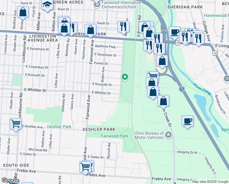 map of restaurants, bars, coffee shops, grocery stores, and more near 1710 East Whittier Street in Columbus