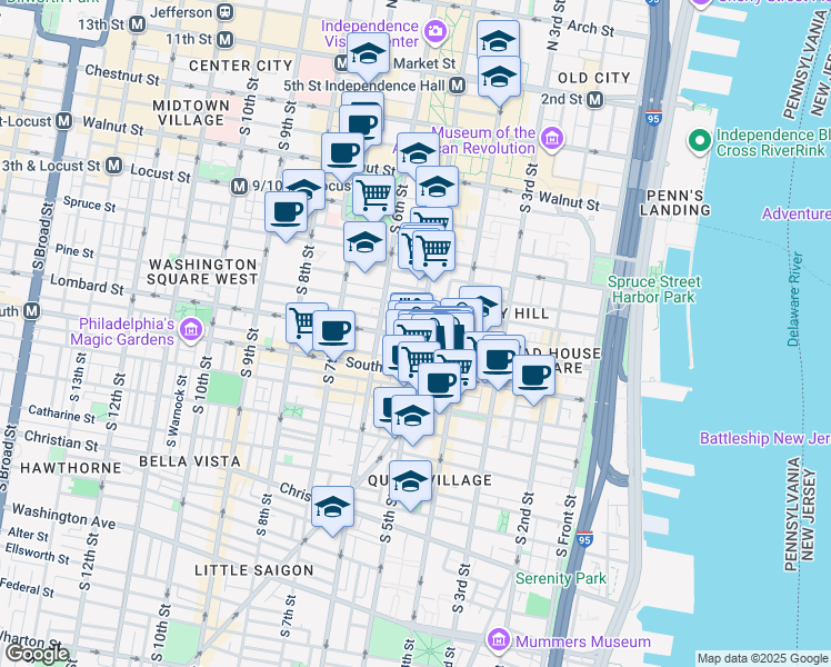 map of restaurants, bars, coffee shops, grocery stores, and more near 501 Lombard Street in Philadelphia