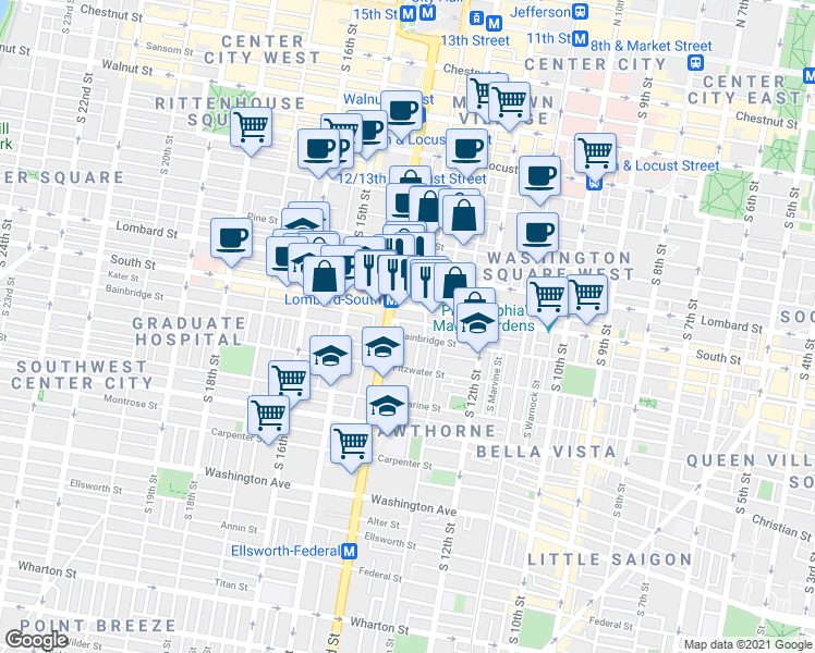map of restaurants, bars, coffee shops, grocery stores, and more near 1332 Kater Street in Philadelphia