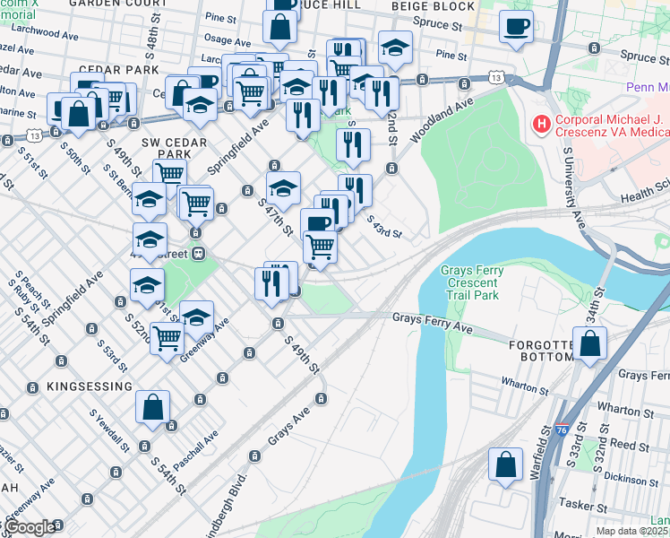 map of restaurants, bars, coffee shops, grocery stores, and more near 1336 South May Street in Philadelphia