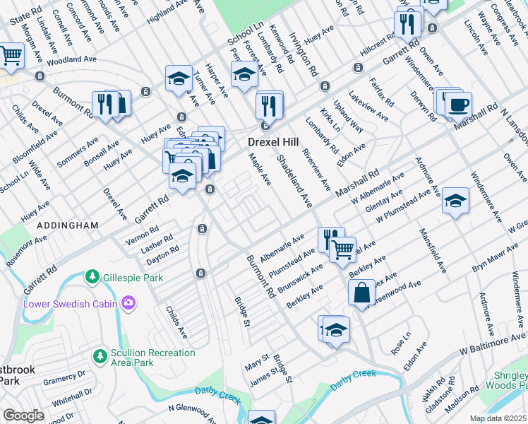 map of restaurants, bars, coffee shops, grocery stores, and more near 3410 Randolph Street in Drexel Hill