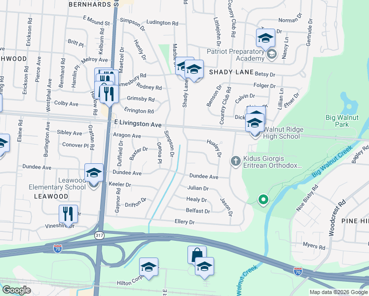 map of restaurants, bars, coffee shops, grocery stores, and more near 1572 Simpson Drive in Columbus