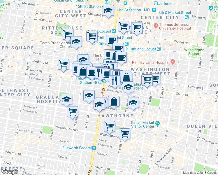 map of restaurants, bars, coffee shops, grocery stores, and more near 1336 Kater Street in Philadelphia