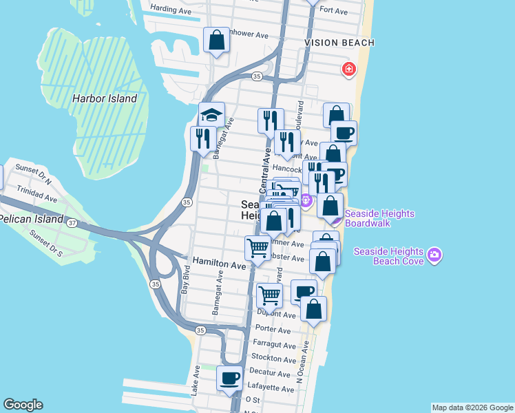 map of restaurants, bars, coffee shops, grocery stores, and more near 217 Sherman Avenue in Seaside Heights