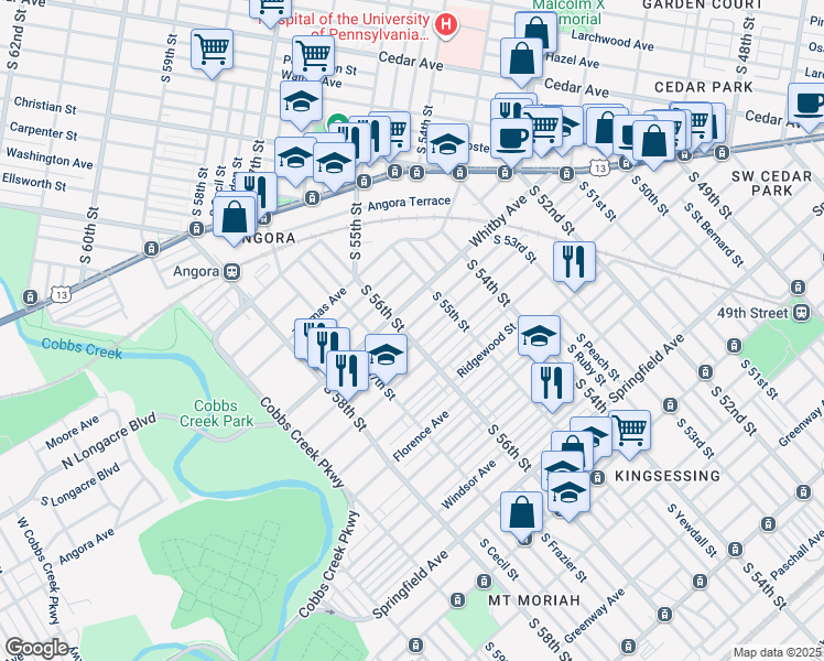 map of restaurants, bars, coffee shops, grocery stores, and more near 1221 South 56th Street in Philadelphia