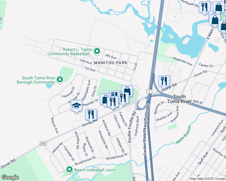 map of restaurants, bars, coffee shops, grocery stores, and more near 62 1st Avenue in Toms River