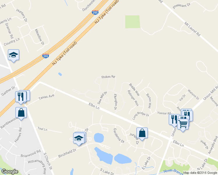 map of restaurants, bars, coffee shops, grocery stores, and more near 23 Leighton Drive in Mount Laurel Township