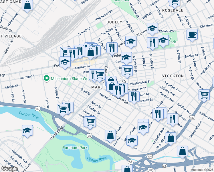 map of restaurants, bars, coffee shops, grocery stores, and more near 230 Grand Avenue in Camden