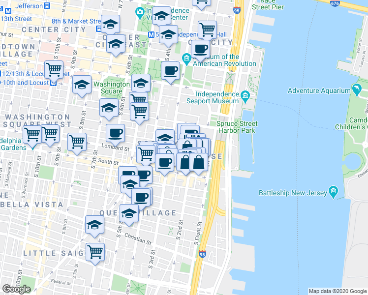 map of restaurants, bars, coffee shops, grocery stores, and more near in Philadelphia
