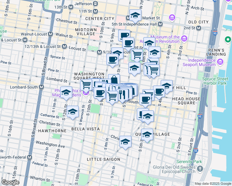 map of restaurants, bars, coffee shops, grocery stores, and more near 725 Lombard Street in Philadelphia
