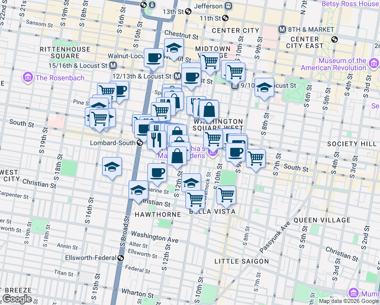 map of restaurants, bars, coffee shops, grocery stores, and more near in Philadelphia