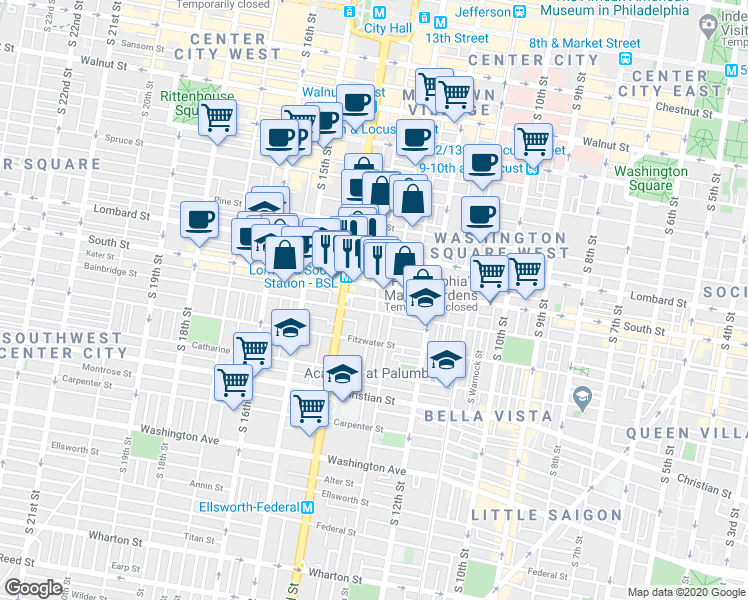 map of restaurants, bars, coffee shops, grocery stores, and more near in Philadelphia