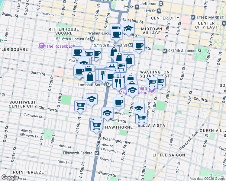 map of restaurants, bars, coffee shops, grocery stores, and more near in Philadelphia