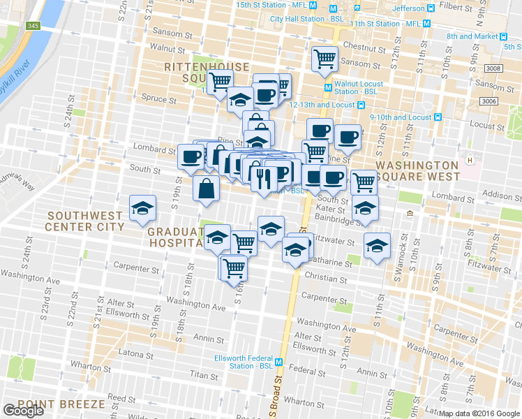 map of restaurants, bars, coffee shops, grocery stores, and more near 1520-36 South Street in Philadelphia