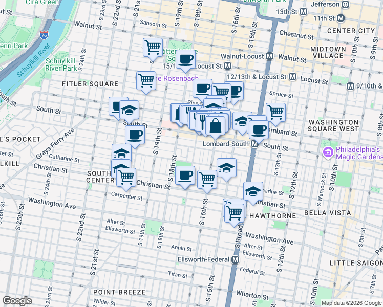 map of restaurants, bars, coffee shops, grocery stores, and more near 1713 Bainbridge Street in Philadelphia