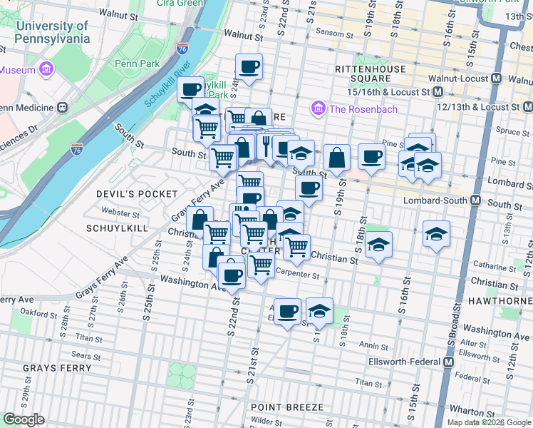 map of restaurants, bars, coffee shops, grocery stores, and more near 2131 Fitzwater Street in Philadelphia