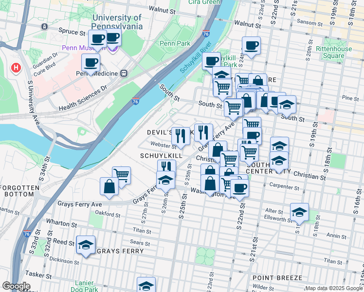 map of restaurants, bars, coffee shops, grocery stores, and more near 2613 Catharine Street in Philadelphia