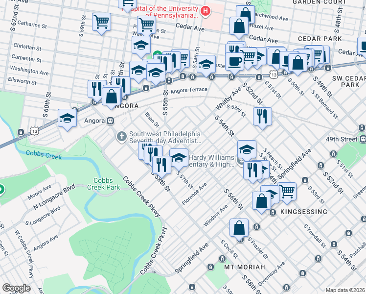 map of restaurants, bars, coffee shops, grocery stores, and more near 1154 South 56th Street in Philadelphia