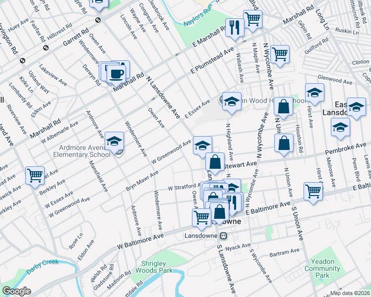 map of restaurants, bars, coffee shops, grocery stores, and more near 13 West Greenwood Avenue in Lansdowne