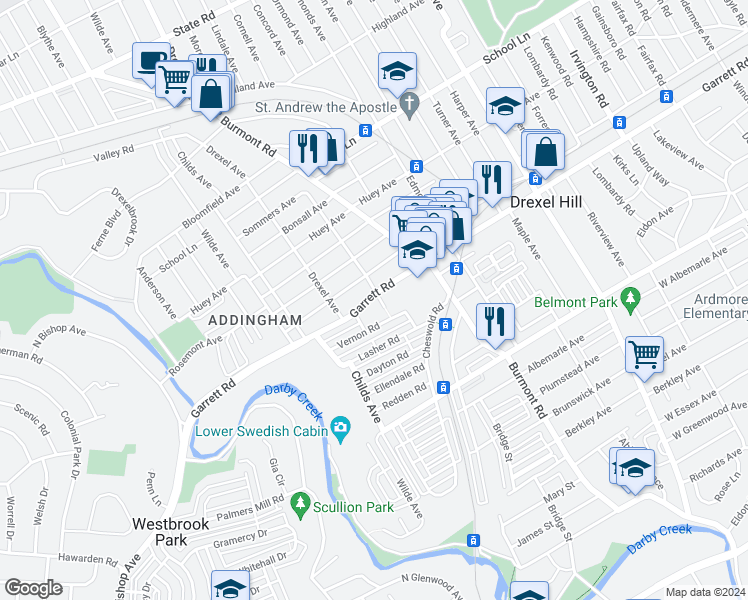 map of restaurants, bars, coffee shops, grocery stores, and more near 4006 Berry Avenue in Drexel Hill
