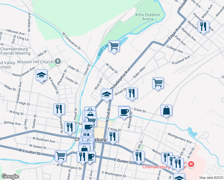 map of restaurants, bars, coffee shops, grocery stores, and more near 431 Philadelphia Avenue in Chambersburg