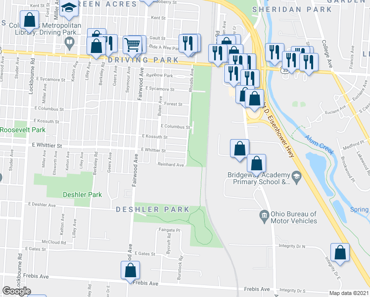 map of restaurants, bars, coffee shops, grocery stores, and more near 1741 East Kossuth Street in Columbus