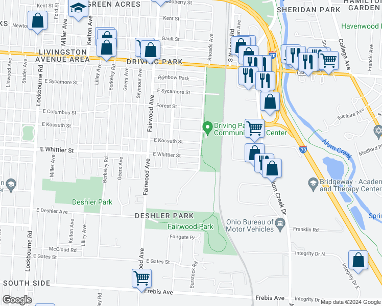 map of restaurants, bars, coffee shops, grocery stores, and more near 1741 East Kossuth Street in Columbus