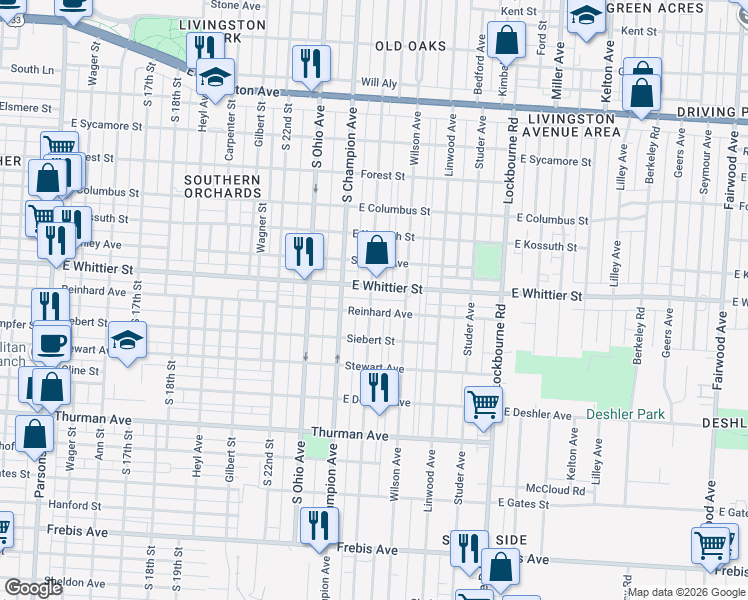 map of restaurants, bars, coffee shops, grocery stores, and more near in Columbus