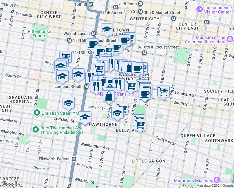 map of restaurants, bars, coffee shops, grocery stores, and more near 1134 South Street in Philadelphia