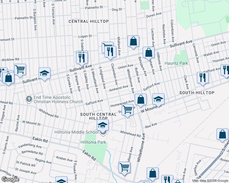 map of restaurants, bars, coffee shops, grocery stores, and more near 2237 Amherst Avenue in Columbus