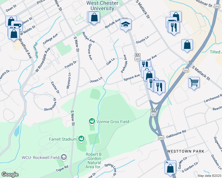 map of restaurants, bars, coffee shops, grocery stores, and more near 844 Spruce Avenue in West Chester