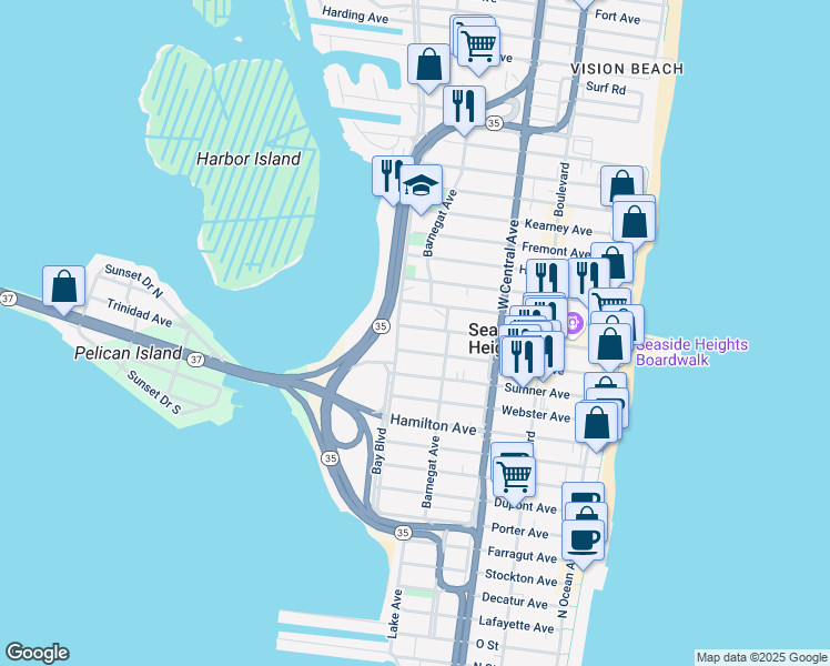 map of restaurants, bars, coffee shops, grocery stores, and more near 327 Grant Avenue in Seaside Heights