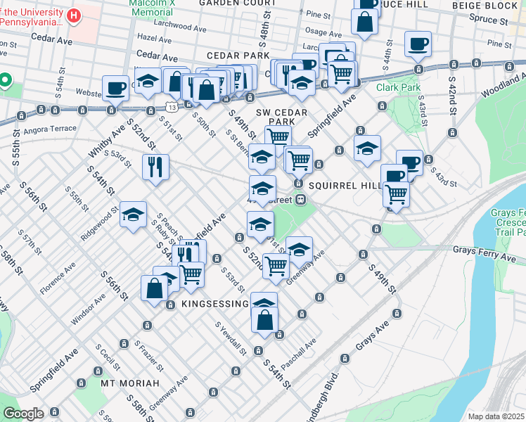map of restaurants, bars, coffee shops, grocery stores, and more near 1123 Divinity Street in Philadelphia