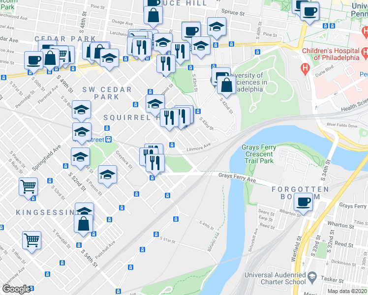 map of restaurants, bars, coffee shops, grocery stores, and more near 1336 South May Street in Philadelphia