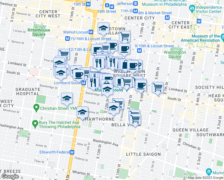 map of restaurants, bars, coffee shops, grocery stores, and more near 1146A South Street in Philadelphia