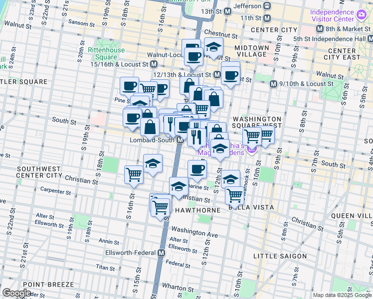 map of restaurants, bars, coffee shops, grocery stores, and more near 1336 Kater Street in Philadelphia