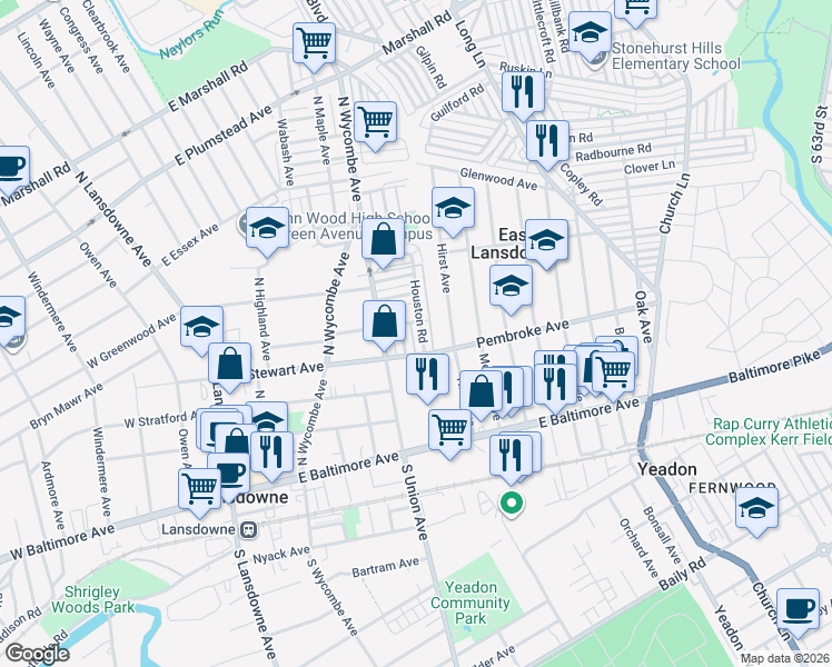 map of restaurants, bars, coffee shops, grocery stores, and more near 26 Lamport Road in Delaware County