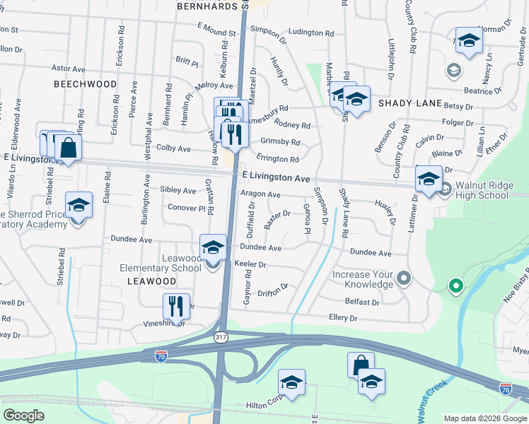 map of restaurants, bars, coffee shops, grocery stores, and more near 1540 Duffield Drive in Columbus