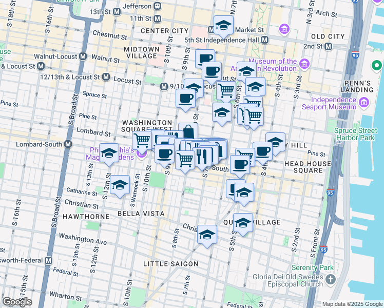 map of restaurants, bars, coffee shops, grocery stores, and more near 507 South 8th Street in Philadelphia