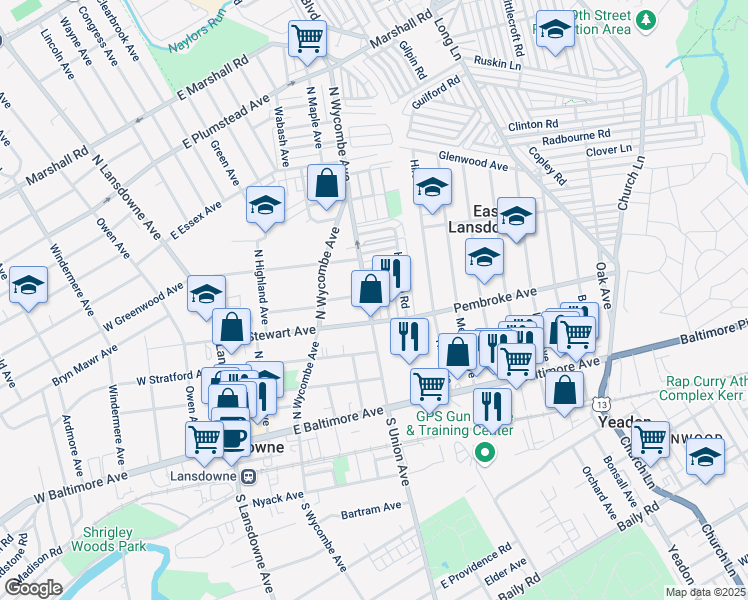 map of restaurants, bars, coffee shops, grocery stores, and more near 93 North Union Avenue in Lansdowne