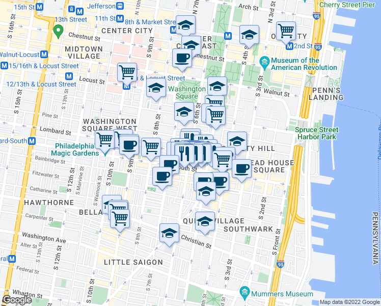 map of restaurants, bars, coffee shops, grocery stores, and more near S 6th St & Lombard St in Philadelphia