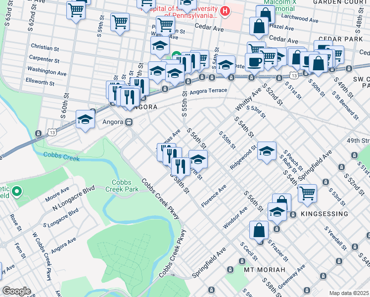 map of restaurants, bars, coffee shops, grocery stores, and more near 5640 Broomall Street in Philadelphia