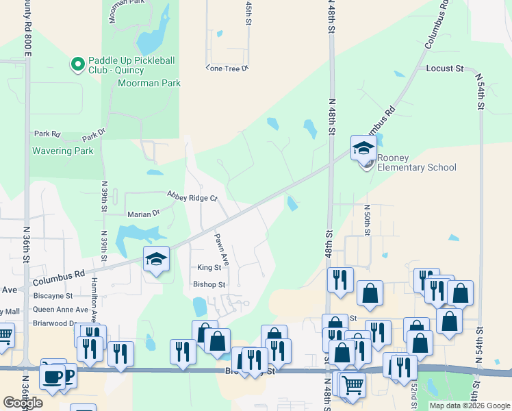 map of restaurants, bars, coffee shops, grocery stores, and more near 4501 County Road 943 East in Quincy