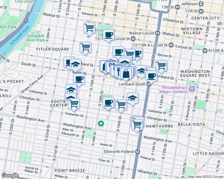 map of restaurants, bars, coffee shops, grocery stores, and more near 700 South 17th Street in Philadelphia